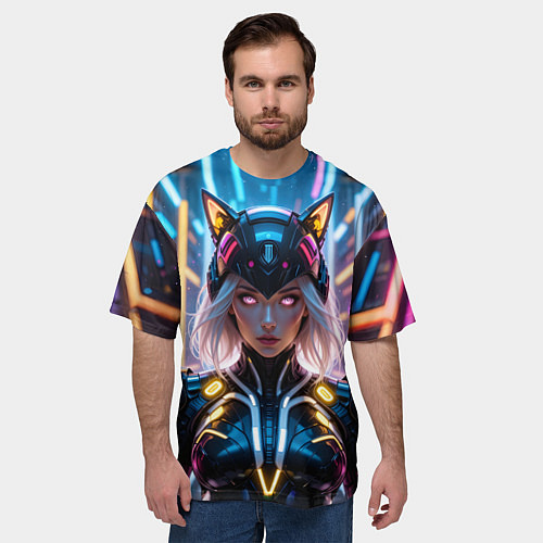 Мужская футболка оверсайз Девушка кошка неон / 3D-принт – фото 3