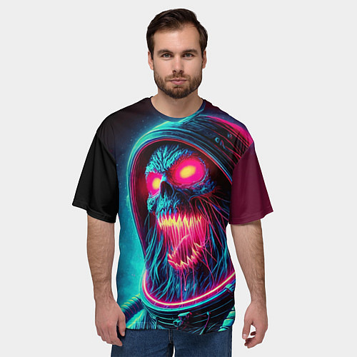 Мужская футболка оверсайз Скелет погибшего космонавта - неоновое свечение / 3D-принт – фото 3