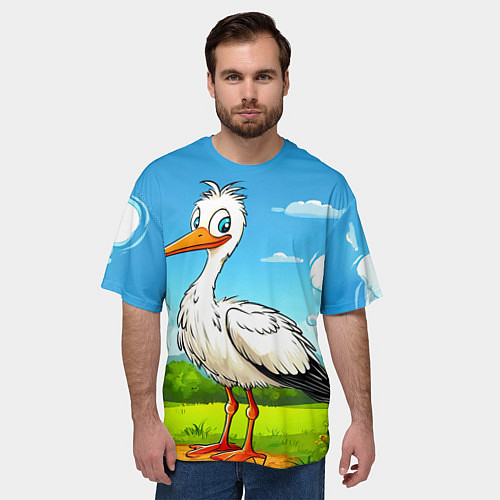 Мужская футболка оверсайз Аист в поле / 3D-принт – фото 3