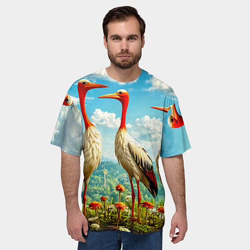 Мужская футболка оверсайз Аисты в горах / 3D-принт – фото 3