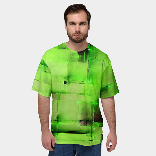 Мужская футболка оверсайз Чёрные пятна на зелёном фоне абстракция / 3D-принт – фото 3