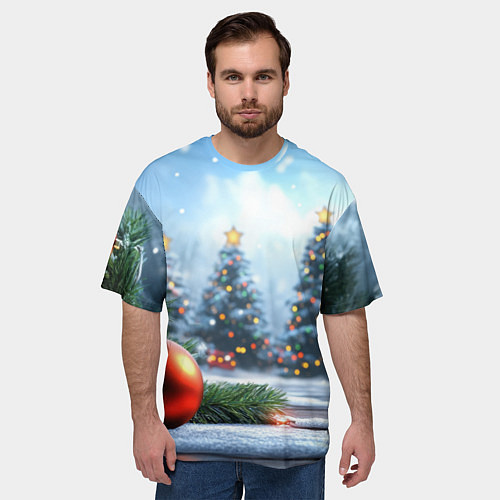 Мужская футболка оверсайз Новогодние елки и шар / 3D-принт – фото 3