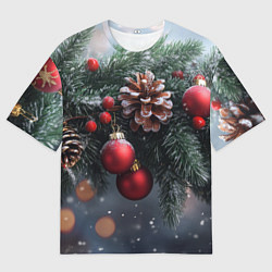 Футболка оверсайз мужская Красные игрушки на елке и шишки, цвет: 3D-принт