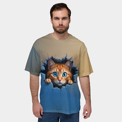 Мужская футболка оверсайз Выглядывающий котенок / 3D-принт – фото 3