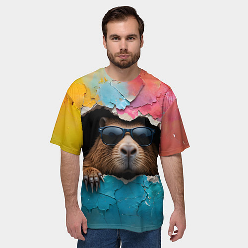 Мужская футболка оверсайз Капибара в стене / 3D-принт – фото 3