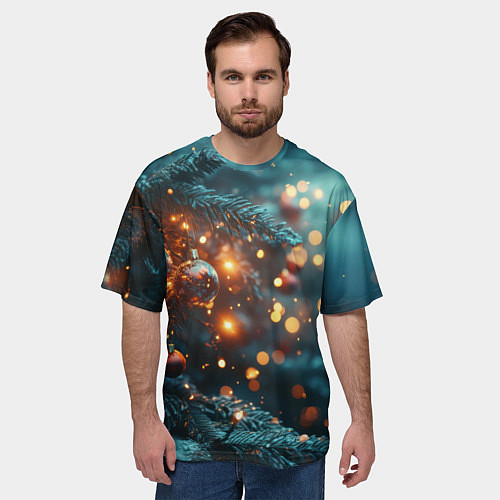 Мужская футболка оверсайз Елочные шары и боке / 3D-принт – фото 3