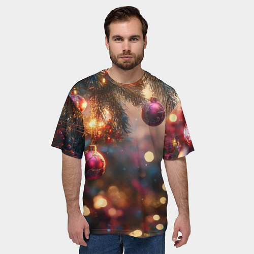 Мужская футболка оверсайз Фиолетовые новогодние шары / 3D-принт – фото 3