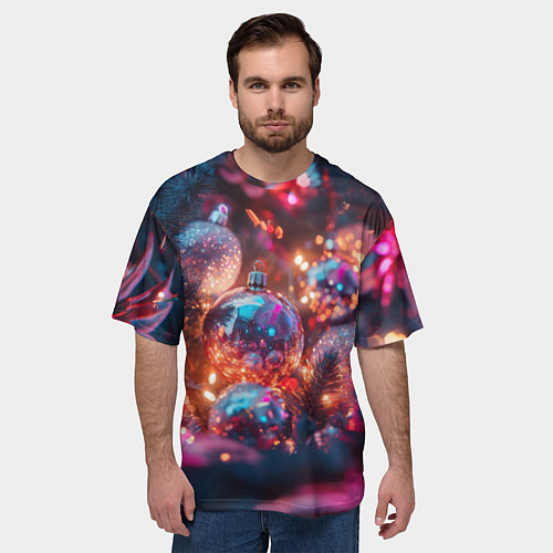 Мужская футболка оверсайз Новогодние шары и фиолетовые блески / 3D-принт – фото 3