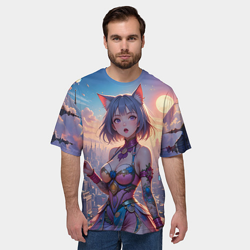 Мужская футболка оверсайз Аниме в фантастическом городе / 3D-принт – фото 3