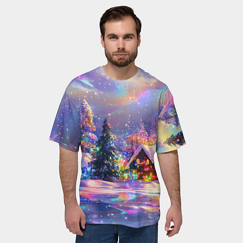 Мужская футболка оверсайз Дух рождества - зимние домики / 3D-принт – фото 3