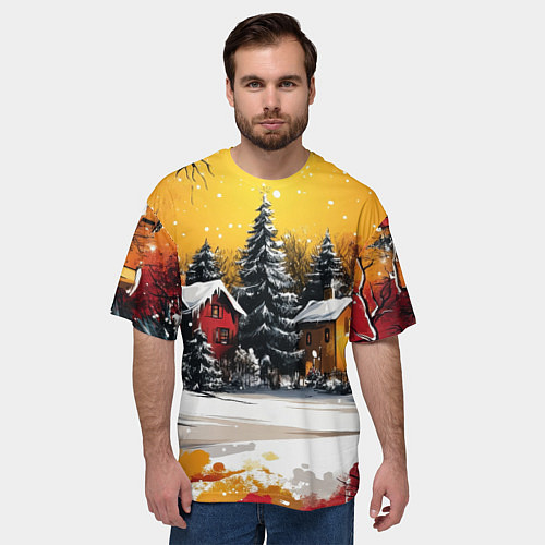 Мужская футболка оверсайз Новогодний двор / 3D-принт – фото 3