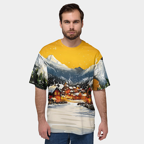 Мужская футболка оверсайз Ламповый новый год - домики / 3D-принт – фото 3