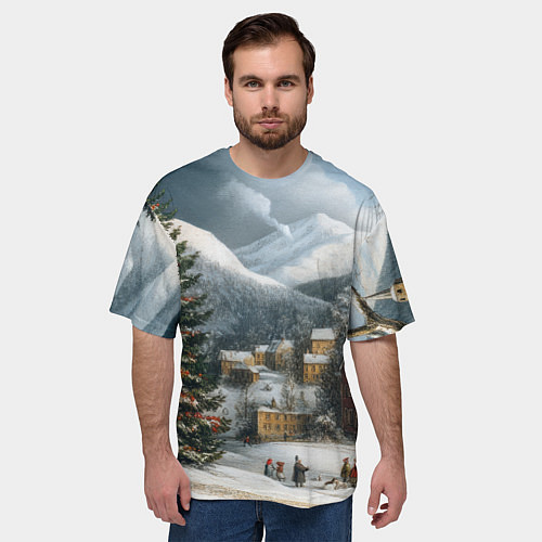 Мужская футболка оверсайз Новогодняя огромная елка и маленькие домики / 3D-принт – фото 3