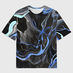 Мужская футболка оверсайз Синие флюиды на чёрном фоне