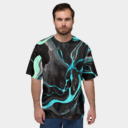 Мужская футболка оверсайз Голубые флюиды на чёрном фоне / 3D-принт – фото 3