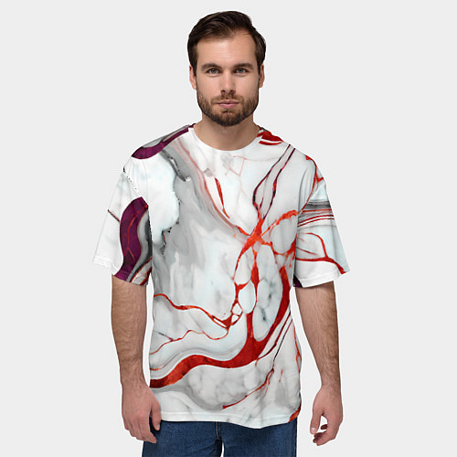 Мужская футболка оверсайз Красно-белый мрамор / 3D-принт – фото 3
