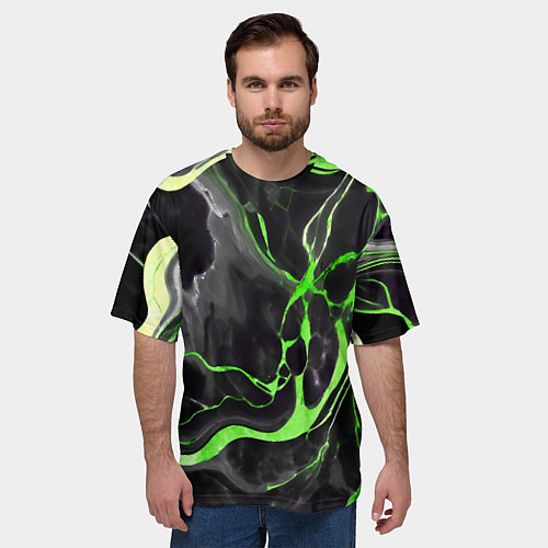 Мужская футболка оверсайз Зелёно-чёрный мрамор / 3D-принт – фото 3