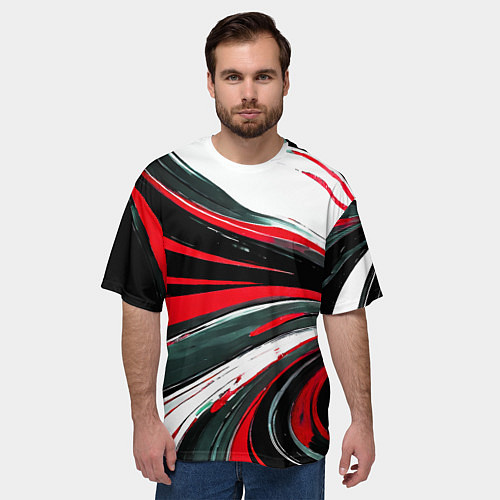 Мужская футболка оверсайз Волнистые чёрно-красные линии на белом фоне / 3D-принт – фото 3