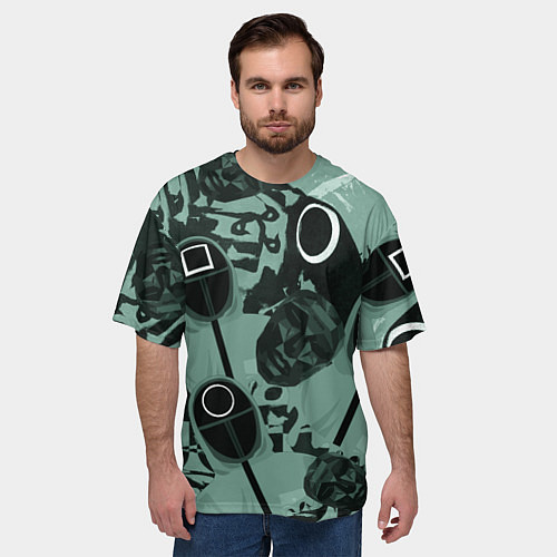 Мужская футболка оверсайз Игра в кальмара маска ведущего и стражников / 3D-принт – фото 3