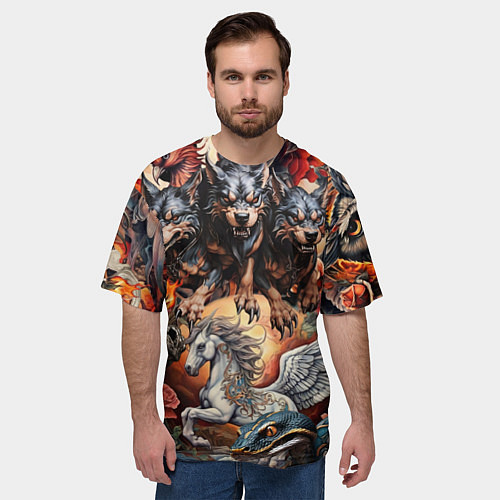 Мужская футболка оверсайз Мифические существа в стиле татуировки Ирезуми / 3D-принт – фото 3