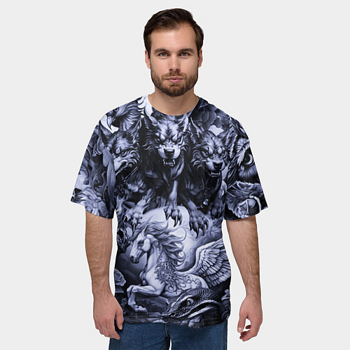 Мужская футболка оверсайз Мифические существа с стиле тату / 3D-принт – фото 3