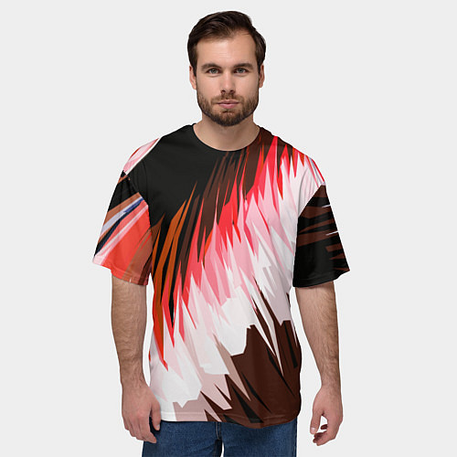 Мужская футболка оверсайз Красно-белая абстракция на чёрном фоне / 3D-принт – фото 3