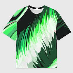 Футболка оверсайз мужская Зелёно-белая абстракция на чёрном фоне, цвет: 3D-принт