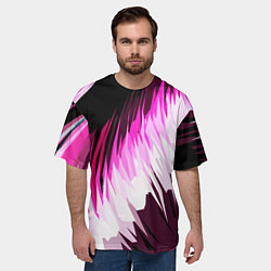 Футболка оверсайз мужская Бело-розовые острые полосы на чёрном фоне, цвет: 3D-принт — фото 2