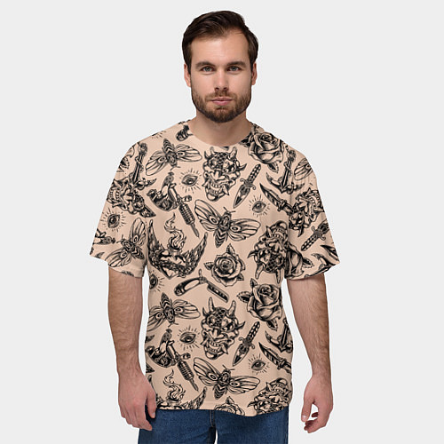 Мужская футболка оверсайз Татуировка с цикадой и демоном Они - паттерн / 3D-принт – фото 3