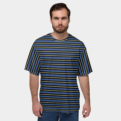 Мужская футболка оверсайз Тёмно-синий с бежевой полосой / 3D-принт – фото 3