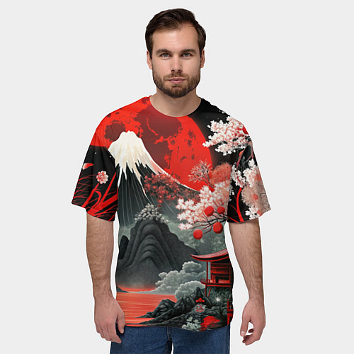 Мужская футболка оверсайз Горы и сакура Японии / 3D-принт – фото 3