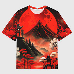Футболка оверсайз мужская Япония природа в красном цвете, цвет: 3D-принт