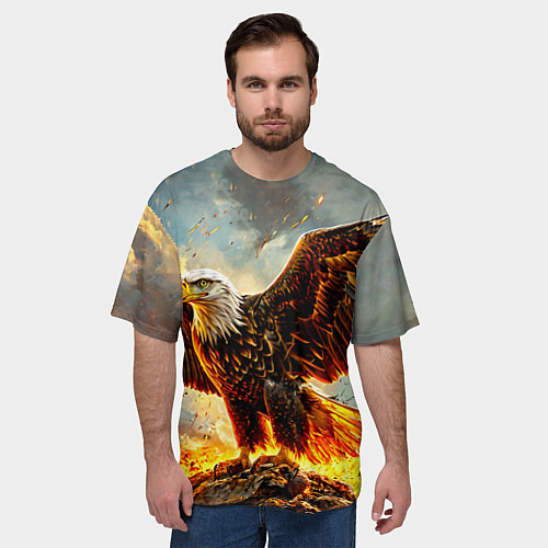 Мужская футболка оверсайз Белоголовый орлан в огне / 3D-принт – фото 3