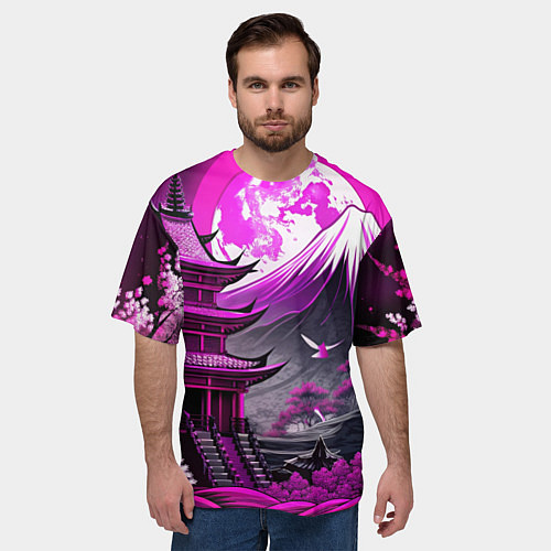 Мужская футболка оверсайз Япония гора в фиолетовом свете / 3D-принт – фото 3