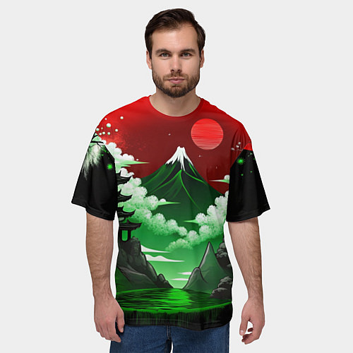 Мужская футболка оверсайз Япония красно-зеленая природа / 3D-принт – фото 3