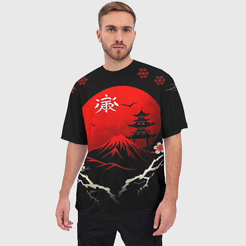 Мужская футболка оверсайз Japan red black nature / 3D-принт – фото 3