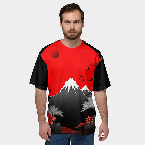 Мужская футболка оверсайз Японская гора и красная луна / 3D-принт – фото 3