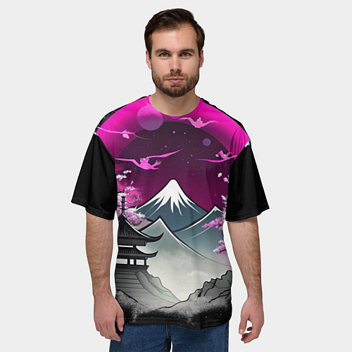 Мужская футболка оверсайз Горы и сакура в Японии / 3D-принт – фото 3