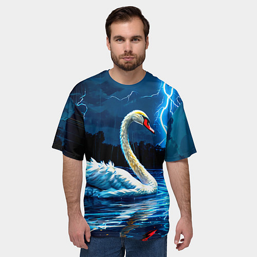 Мужская футболка оверсайз Лебедь на пруду в гразу / 3D-принт – фото 3