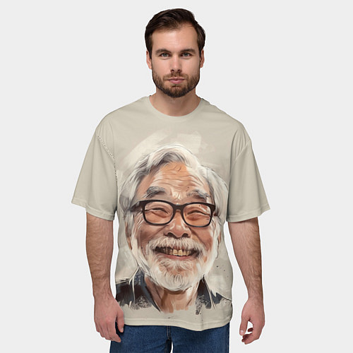 Мужская футболка оверсайз Портрет Хаяо Миядзаки / 3D-принт – фото 3