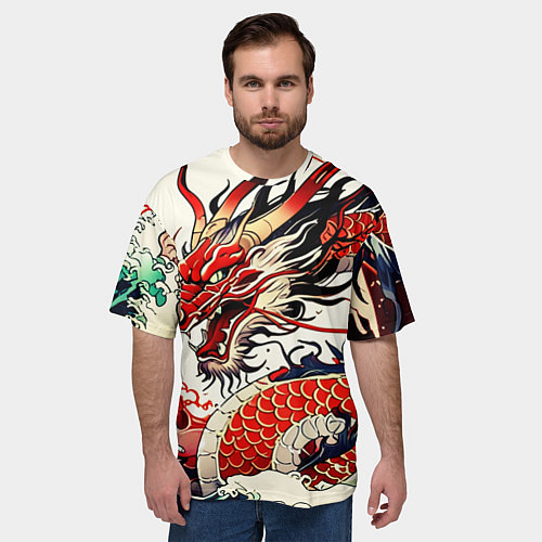 Мужская футболка оверсайз Красный дракон в японском стиле ирезуми / 3D-принт – фото 3