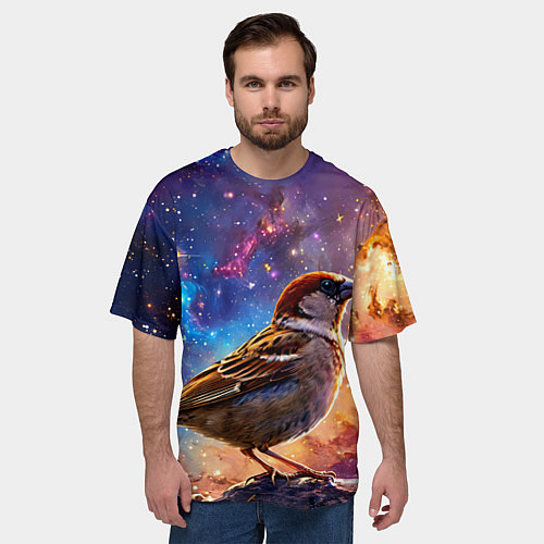 Мужская футболка оверсайз Воробей в космосе / 3D-принт – фото 3