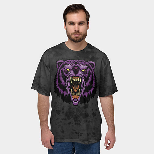 Мужская футболка оверсайз Фиолетовый медведь на темном фоне / 3D-принт – фото 3