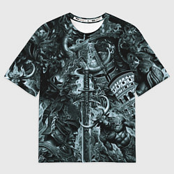 Мужская футболка оверсайз Гладиатор и минотавр на фоне мечей и щитов