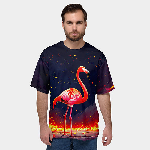 Мужская футболка оверсайз Фламинго в огне / 3D-принт – фото 3