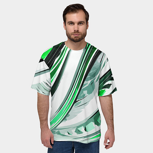 Мужская футболка оверсайз Волнистая бело-зелёная абстракция / 3D-принт – фото 3