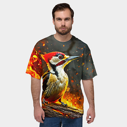 Мужская футболка оверсайз Дятел в огне / 3D-принт – фото 3