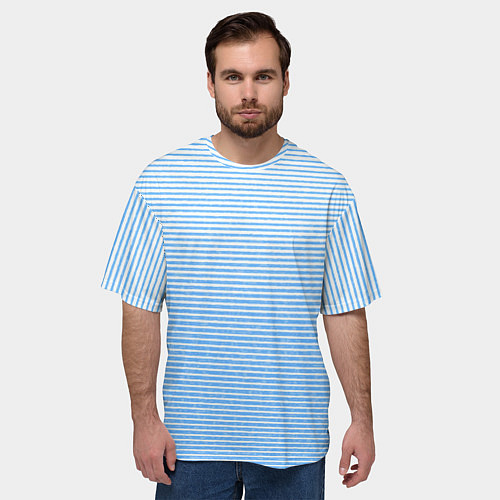Мужская футболка оверсайз Белый с голубым текстурный в полоску / 3D-принт – фото 3