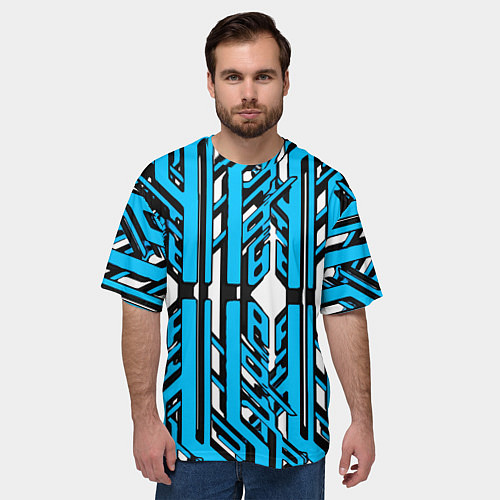 Мужская футболка оверсайз Чёрно-синие техно полосы на белом фоне / 3D-принт – фото 3