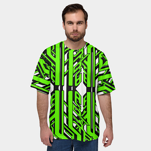 Мужская футболка оверсайз Чёрно-зелёные техно полосы на белом фоне / 3D-принт – фото 3